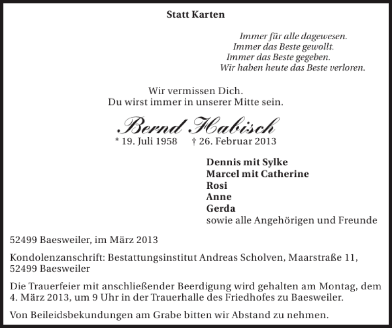  Traueranzeige für Bernd Habisch vom 03.03.2013 aus Super Sonntag / Super Mittwoch