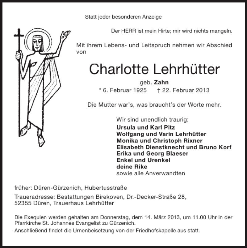 Traueranzeige für Charlotte Lehrhütter vom 10.03.2013 aus Super Sonntag / Super Mittwoch