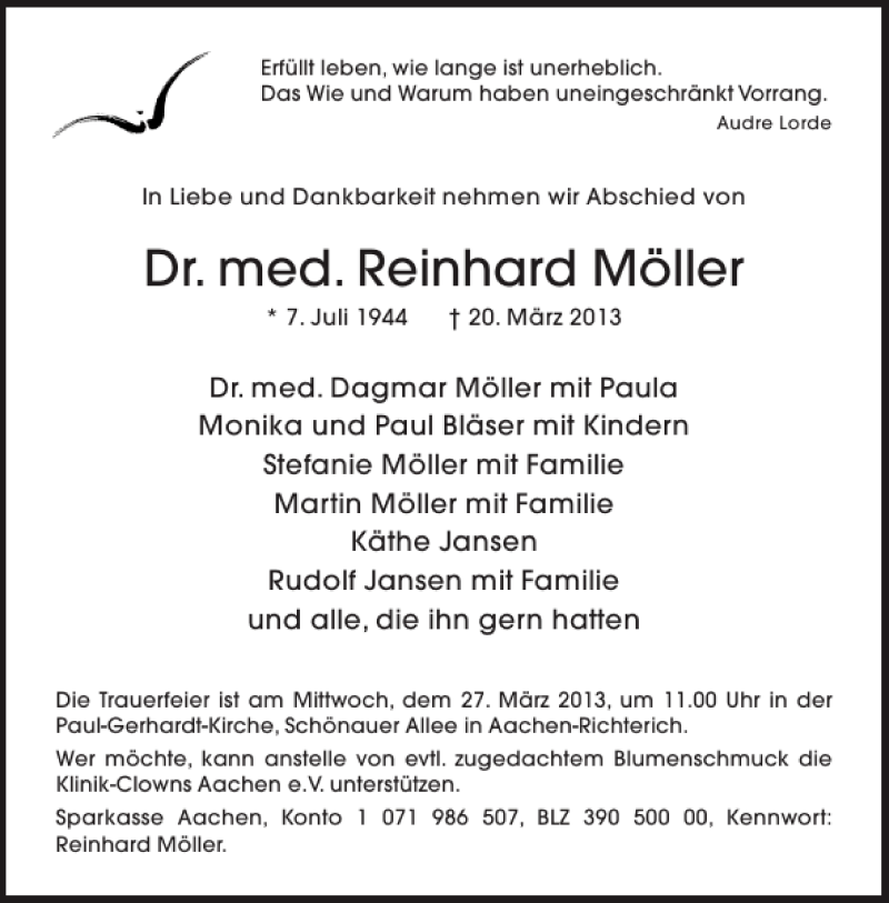  Traueranzeige für Dr. med. Reinhard Möller vom 23.03.2013 aus Aachener Zeitung / Aachener Nachrichten