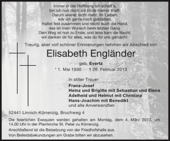 Traueranzeige von Elisabeth Engländer von Super Sonntag / Super Mittwoch