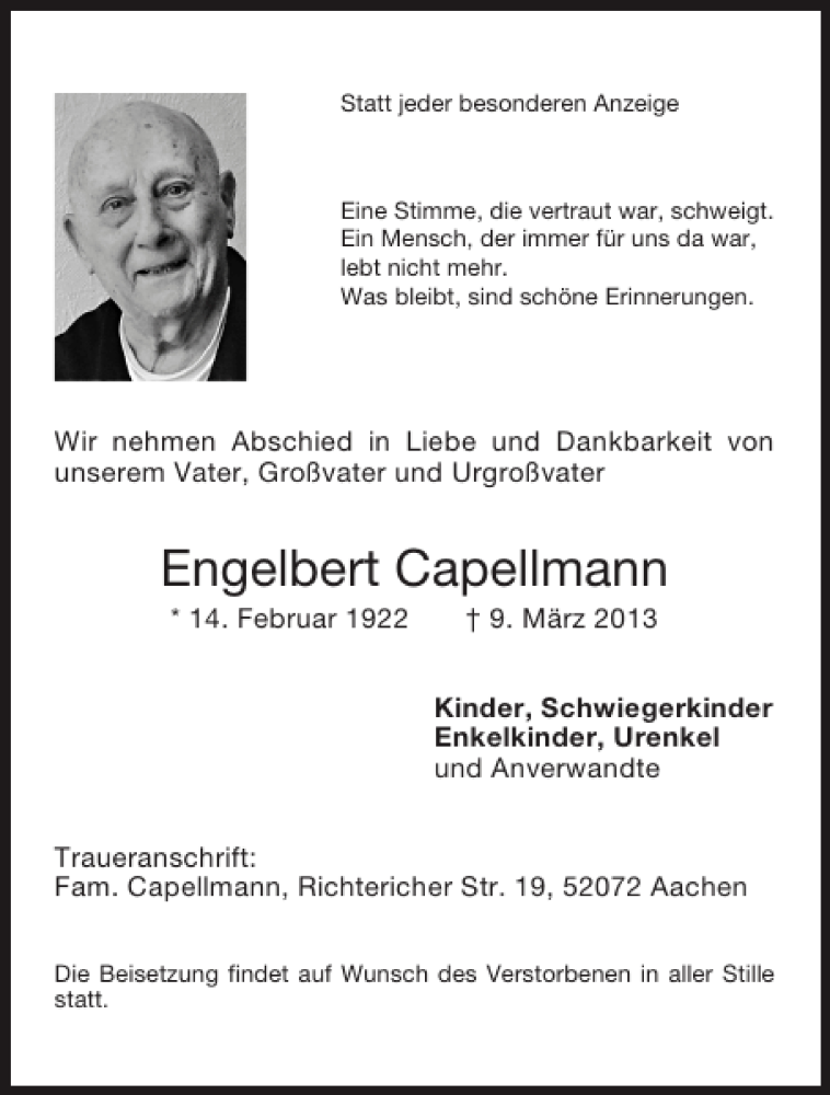  Traueranzeige für Engelbert Capellmann vom 16.03.2013 aus Aachener Zeitung / Aachener Nachrichten