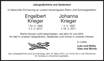 Traueranzeige von Engelbert Johanna Krieger Krieger von Super Sonntag / Super Mittwoch