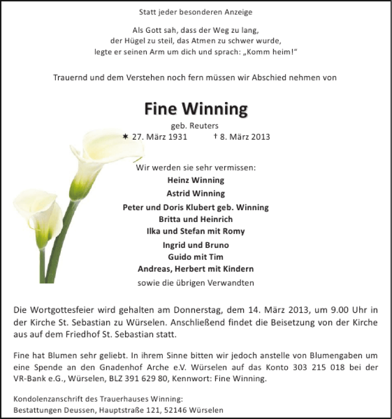  Traueranzeige für Fine Winning vom 13.03.2013 aus Super Sonntag / Super Mittwoch