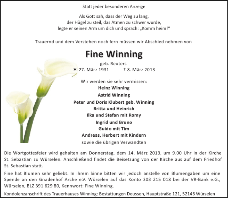 Traueranzeige für Fine Winning vom 13.03.2013 aus Aachener Zeitung / Aachener Nachrichten