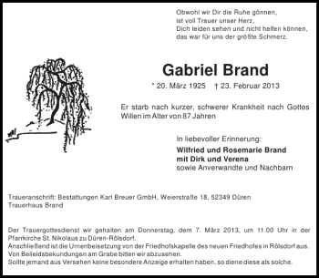 Traueranzeige von Gabriel Brand von Aachener Zeitung / Aachener Nachrichten