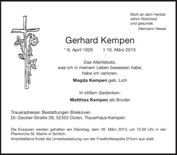Traueranzeige von Gerhard Kempen von Aachener Zeitung / Aachener Nachrichten
