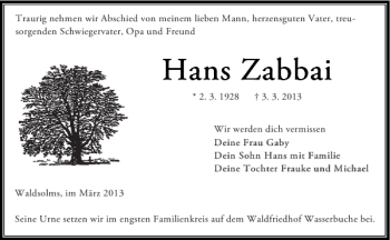 Traueranzeige von Hans Hans Za Za Zab bbai bbai  von Aachener Zeitung / Aachener Nachrichten