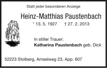 Traueranzeige von Heinz-Matthias Paustenbach von Super Sonntag / Super Mittwoch