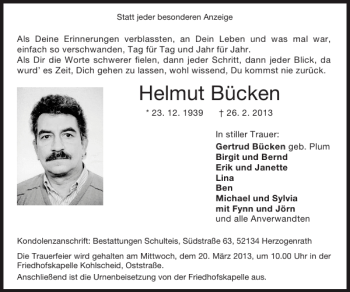 Traueranzeige von Helmut Bücken von Super Sonntag / Super Mittwoch