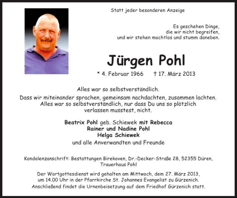 Traueranzeigen Von Jurgen Pohl Aachen Gedenkt