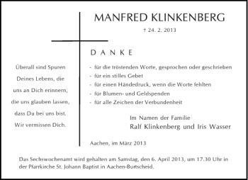 Traueranzeige von MANFRED KLINKENBERG von Aachener Zeitung / Aachener Nachrichten