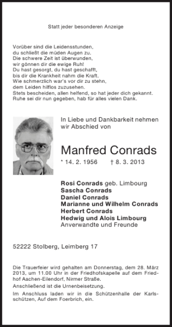 Traueranzeige von Manfred Conrads von Super Sonntag / Super Mittwoch