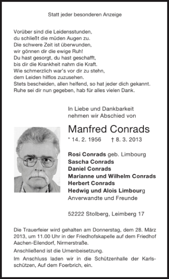 Traueranzeige von Manfred Conrads von Aachener Zeitung / Aachener Nachrichten