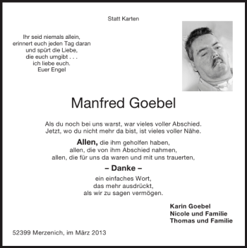Traueranzeige von Manfred Goebel von Super Sonntag / Super Mittwoch