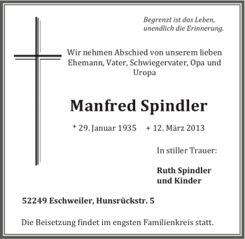 Traueranzeige von Manfred Spindler von Super Sonntag / Super Mittwoch
