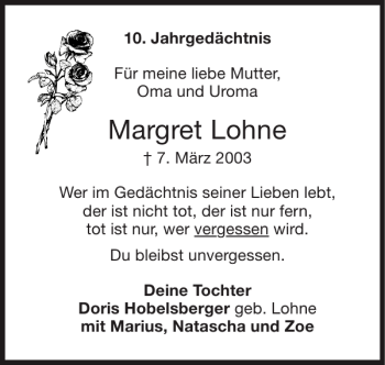 Traueranzeige von Margret Lohne von Super Sonntag / Super Mittwoch