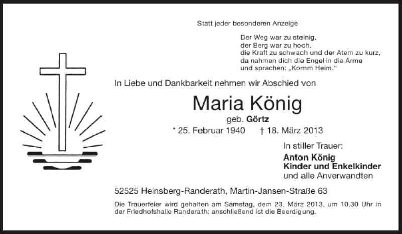  Traueranzeige für Maria König vom 21.03.2013 aus Aachener Zeitung / Aachener Nachrichten