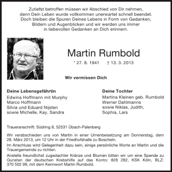Traueranzeigen von Martin Rumbold | Aachen gedenkt