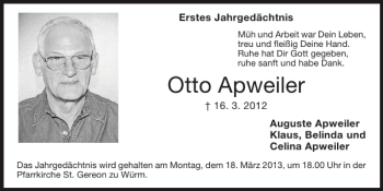 Traueranzeige von Otto Apweiler von Super Sonntag / Super Mittwoch