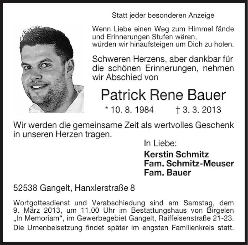 Traueranzeige für Patrick Rene Bauer vom 07.03.2013 aus Aachener Zeitung / Aachener Nachrichten