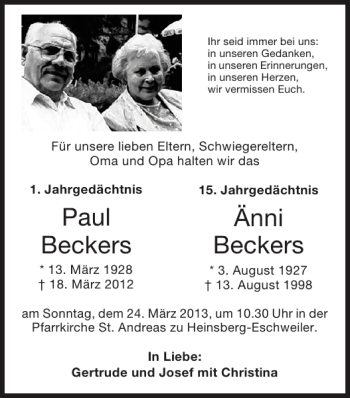 Traueranzeige von Paul Beckers und Änni Beckers von Super Sonntag / Super Mittwoch