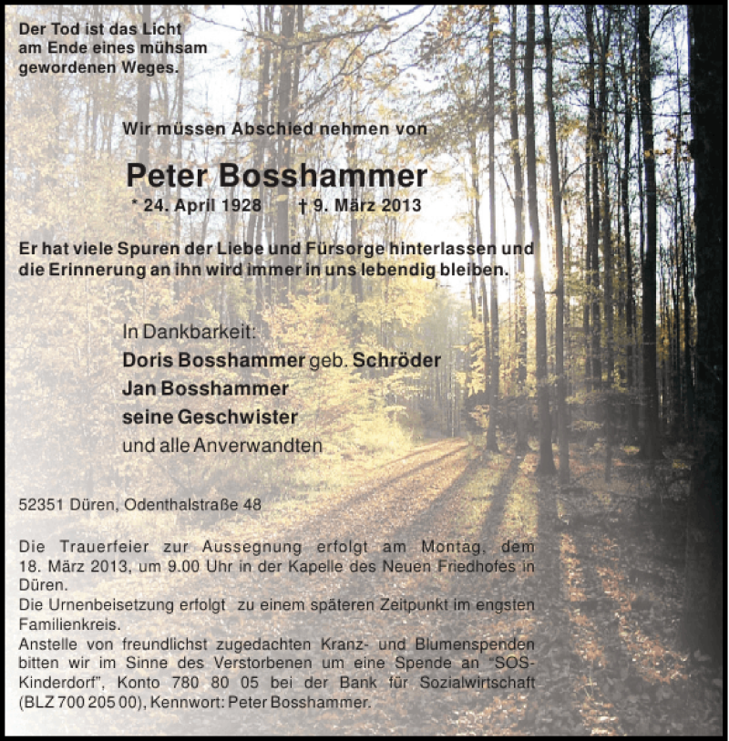  Traueranzeige für Peter Bosshammer vom 16.03.2013 aus Aachener Zeitung / Aachener Nachrichten