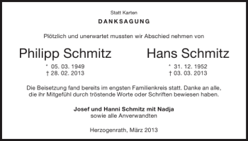 Traueranzeige von Philipp Schmitz Hans Schmitz von Super Sonntag / Super Mittwoch