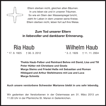 Traueranzeige von Ria Haub Wilhelm Haub von Super Sonntag / Super Mittwoch