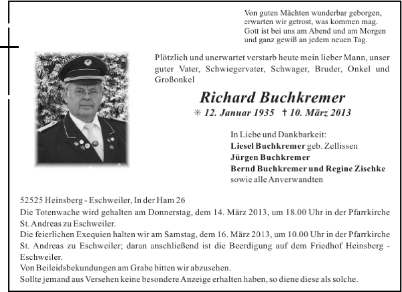  Traueranzeige für Richard Buchkremer vom 12.03.2013 aus Aachener Zeitung / Aachener Nachrichten