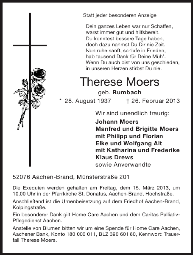  Traueranzeige für Therese Moers vom 09.03.2013 aus Aachener Zeitung / Aachener Nachrichten