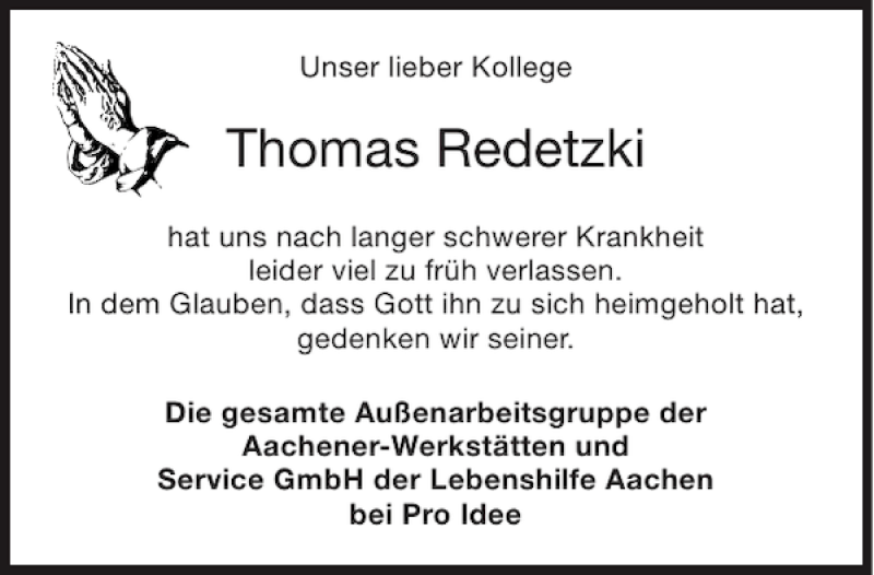  Traueranzeige für Thomas Redetzki vom 07.03.2013 aus Aachener Zeitung / Aachener Nachrichten