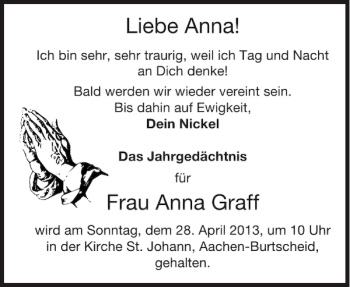 Traueranzeige von Anna Frau Anna Graff von Aachener Zeitung / Aachener Nachrichten