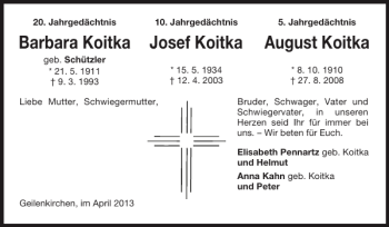Traueranzeige von Barbara Koitka Josef Koitka August Koitka  von Super Sonntag / Super Mittwoch