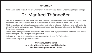 Traueranzeige von Dr. Manfred Thönneßen von Aachener Zeitung / Aachener Nachrichten