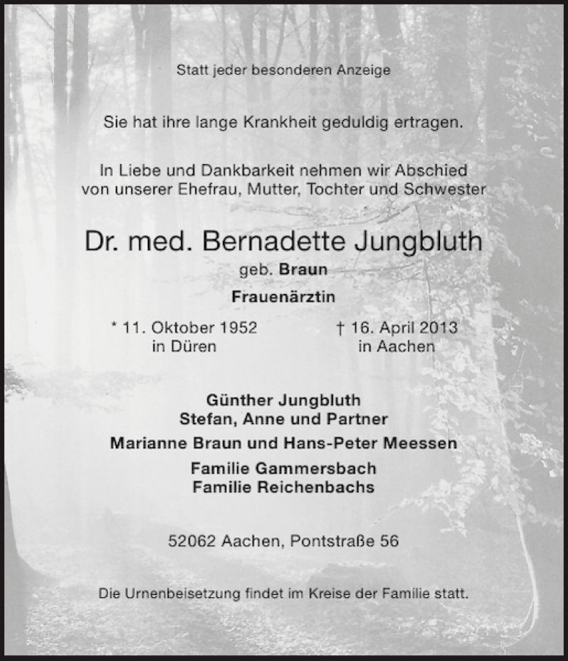  Traueranzeige für Dr. med. Bernadette Jungbluth vom 27.04.2013 aus Aachener Zeitung / Aachener Nachrichten
