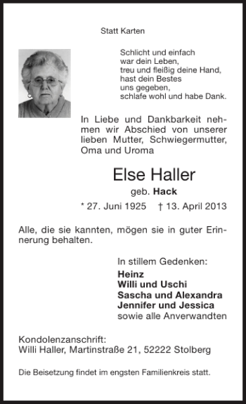 Traueranzeige von Else Haller von Super Sonntag / Super Mittwoch