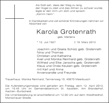 Traueranzeige von Karola Grotenrath von Aachener Zeitung / Aachener Nachrichten