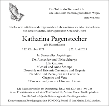 Traueranzeige von Katharina Pagenstecher von Aachener Zeitung / Aachener Nachrichten