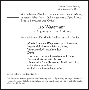 Traueranzeige von Leo Wagemann Leo Wagemann von Aachener Zeitung / Aachener Nachrichten