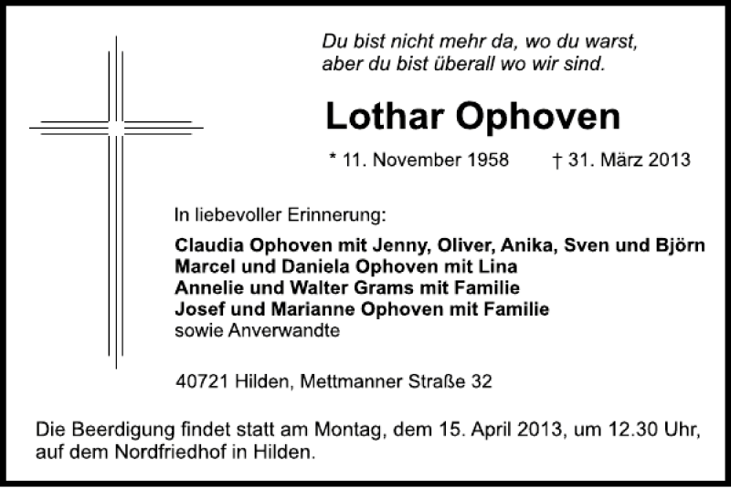  Traueranzeige für Lothar Ophoven vom 07.04.2013 aus Super Sonntag / Super Mittwoch