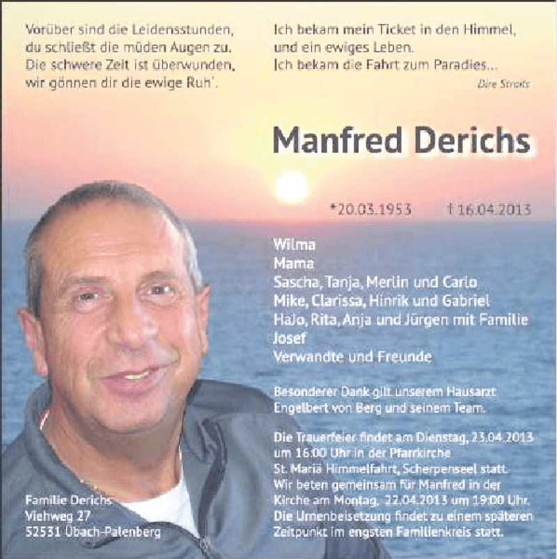  Traueranzeige für MANFRED DERICHS vom 21.04.2013 aus Super Sonntag / Super Mittwoch