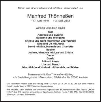 Traueranzeige von Manfred Thönneßen von Aachener Zeitung / Aachener Nachrichten