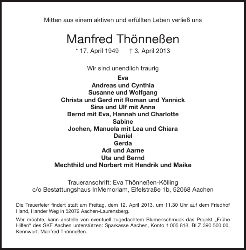  Traueranzeige für Manfred Thönneßen vom 09.04.2013 aus Aachener Zeitung / Aachener Nachrichten