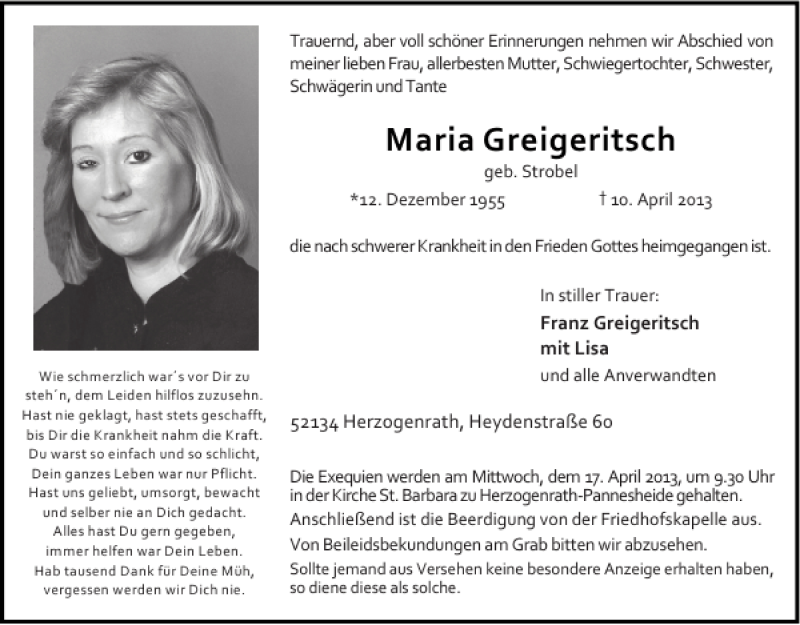  Traueranzeige für Maria Greigeritsch vom 14.04.2013 aus Super Sonntag / Super Mittwoch