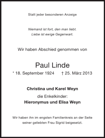 Traueranzeige von Paul Linde von Aachener Zeitung / Aachener Nachrichten