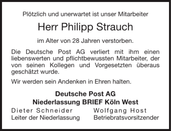 Traueranzeige von Philipp Strauch von Aachener Zeitung / Aachener Nachrichten