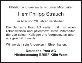 Traueranzeige von Philipp Strauch von Aachener Zeitung / Aachener Nachrichten