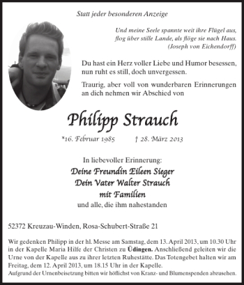 Traueranzeige von Philipp Strauch von Super Sonntag / Super Mittwoch