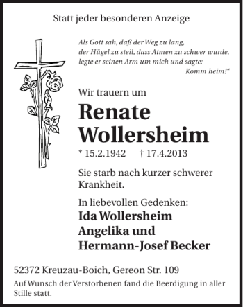 Traueranzeige von Renate Wollersheim von Super Sonntag / Super Mittwoch