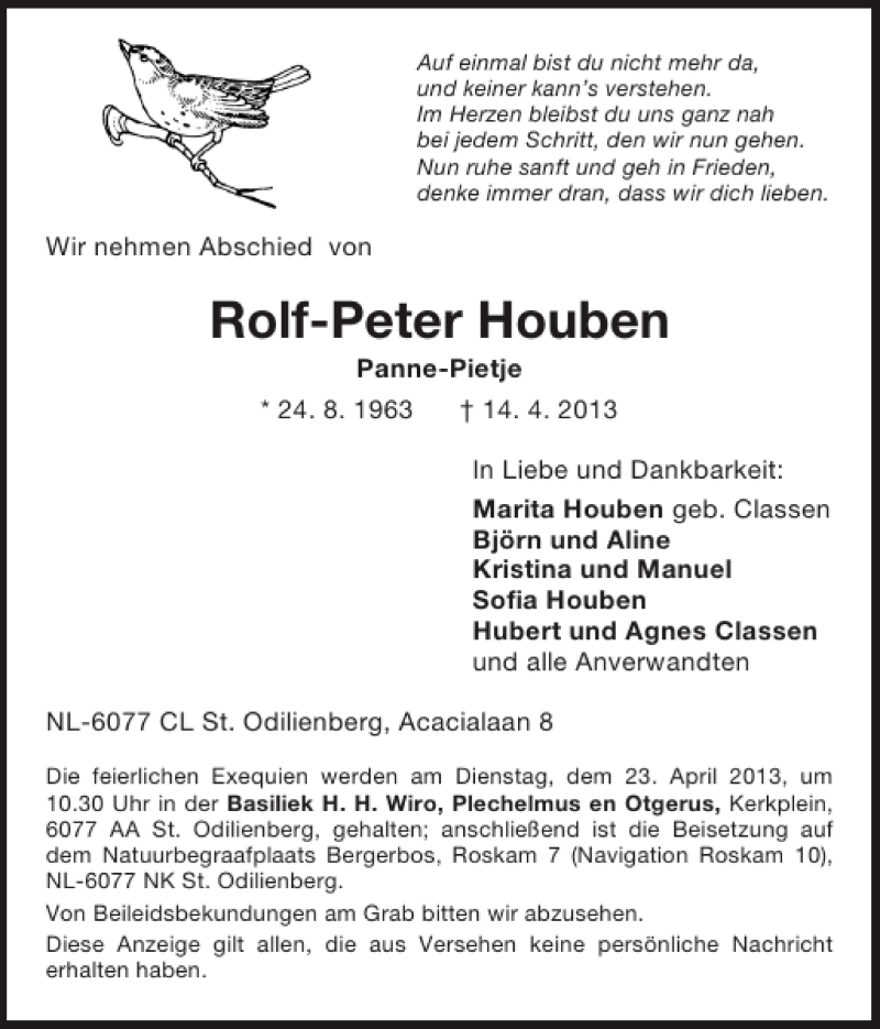  Traueranzeige für Rolf-Peter Houben vom 21.04.2013 aus Super Sonntag / Super Mittwoch